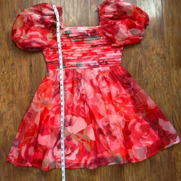 Floral Print Pink & Red Puff Sleeve Pleated Bodice Babydoll Dress - Picture 7 of 8